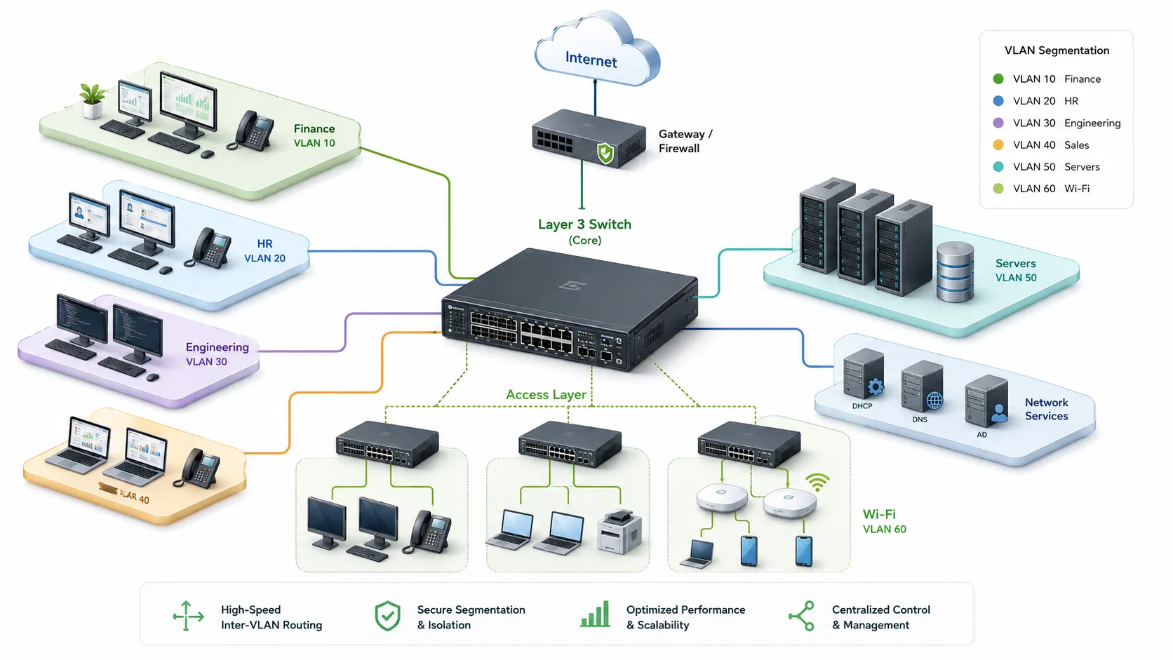 Layer 3 switch enterprise network core architecture connecting VLANs departments servers internet gateway and access switches