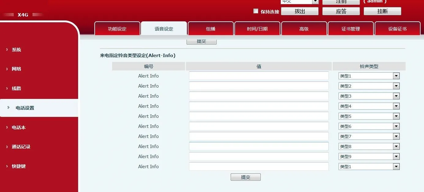  X4G 話機配置介面