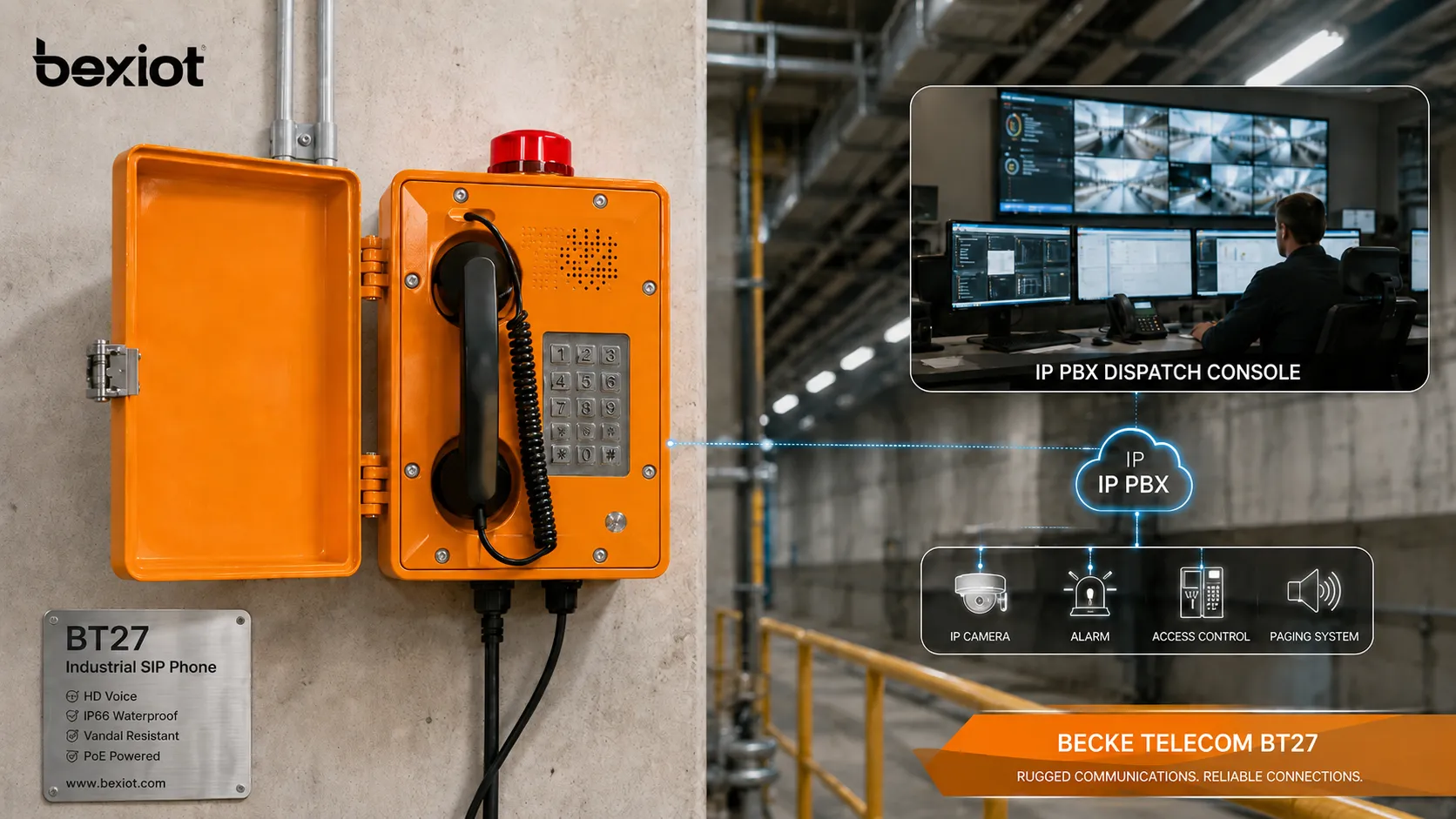Becke Telcom BT27 工業 SIP 電話作為堅固壁掛式對講終端安裝，並連線 IP PBX、排程臺和控制室