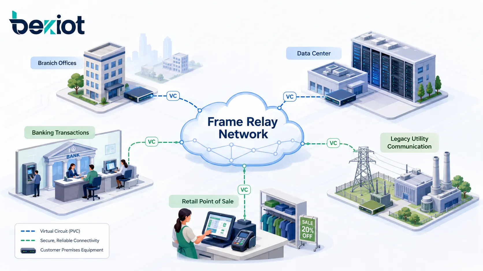 Frame Relay 使用案例，顯示分支辦公室、資料中心存取、銀行交易網路、零售銷售點及傳統公用事業通訊