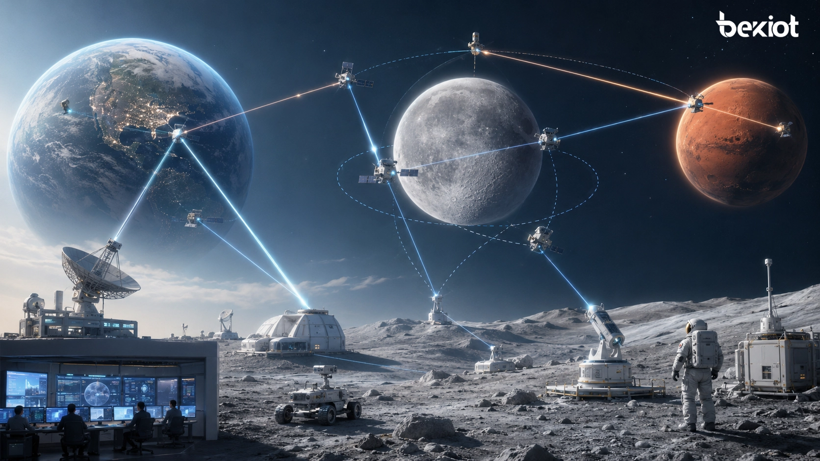 连接太空船 月球資產 地面站与任務控制的月球到火星光通信概念網路
