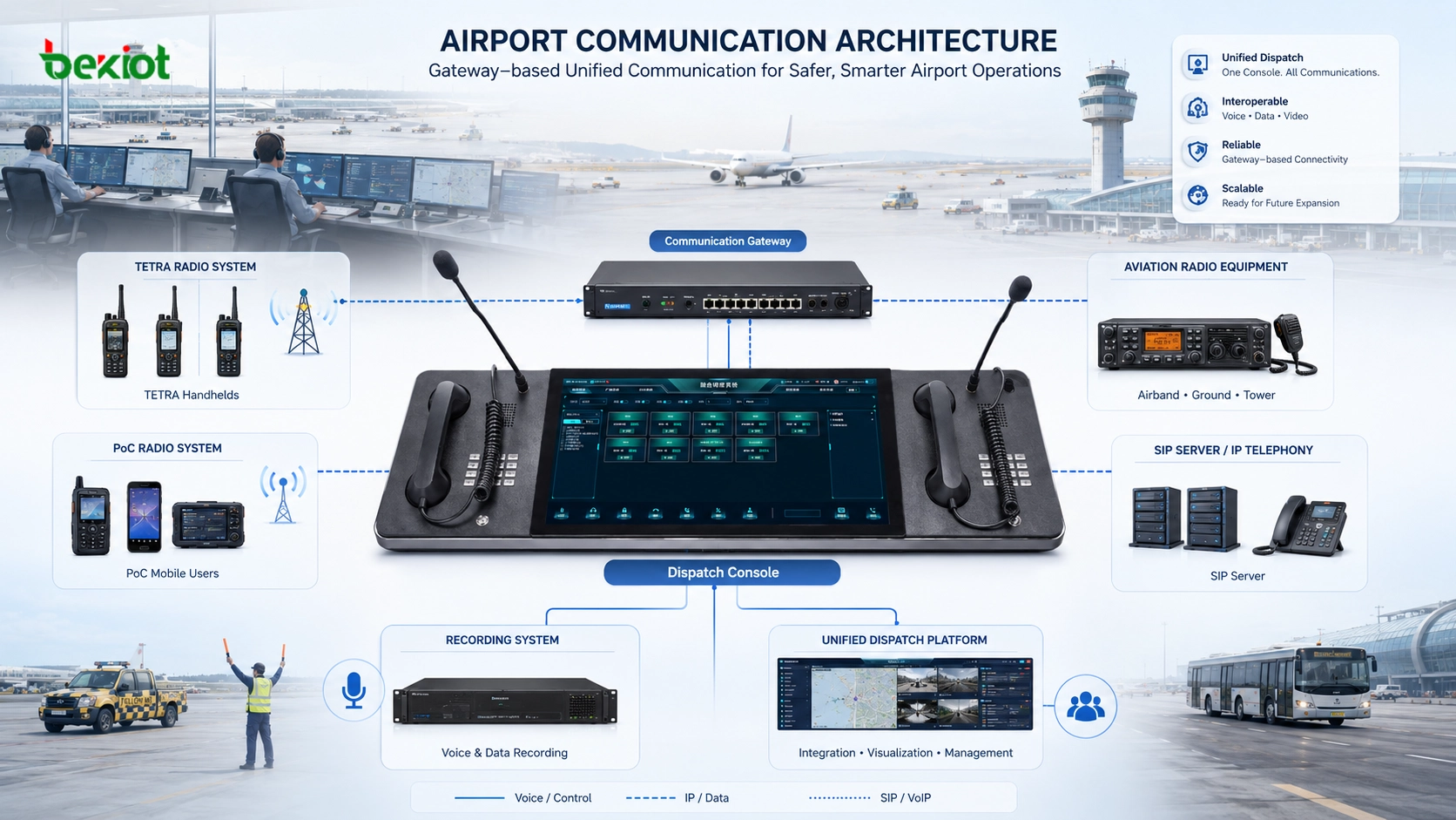 包含 TETRA、PoC、SIP 與錄音系統的機場無線電閘道器架構