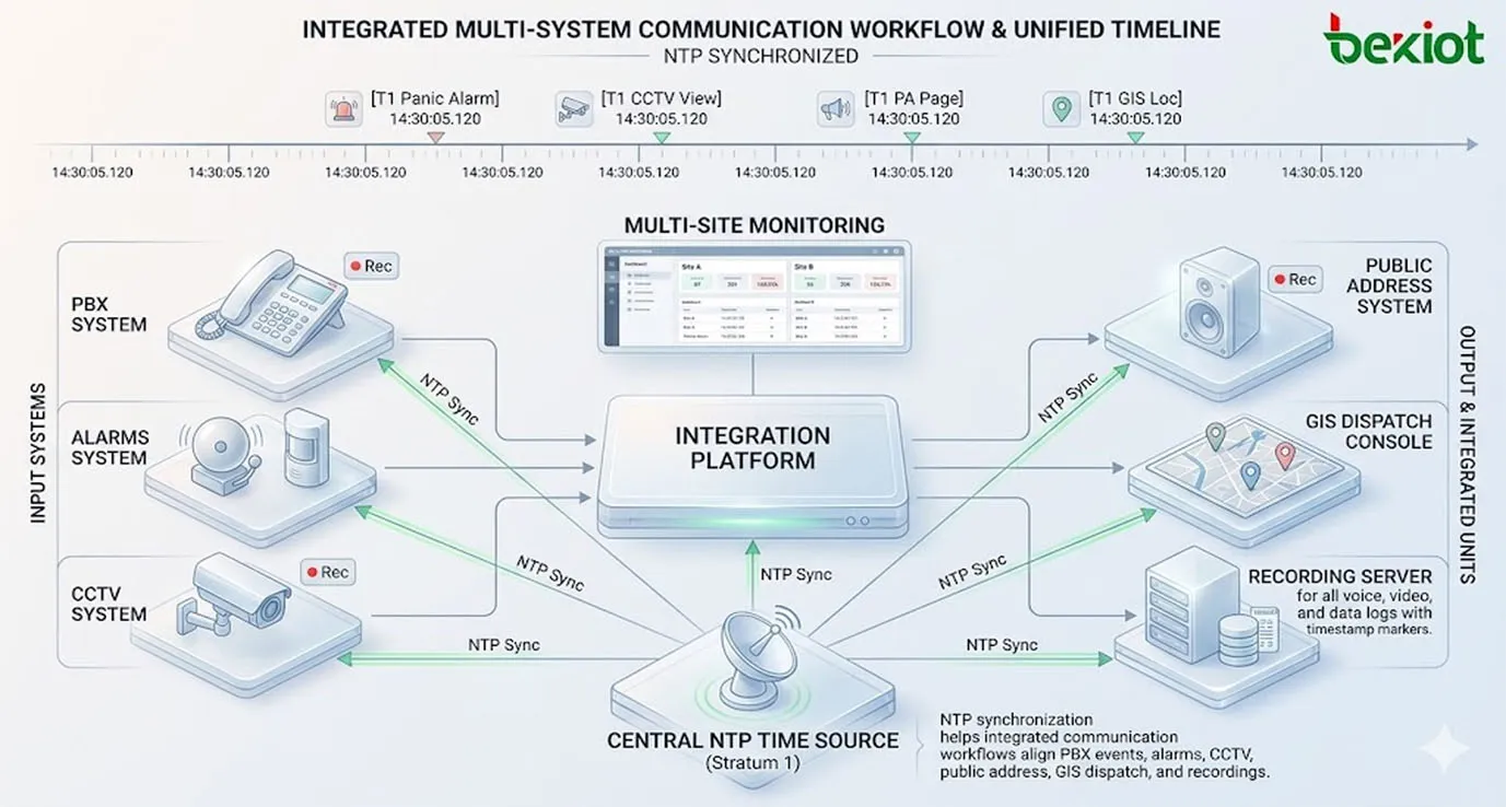 NTP synchronization in multi system communication workflow showing PBX alarms CCTV public address GIS dispatch recording and multi site monitoring