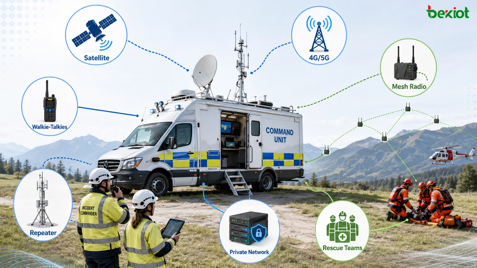 應急指揮車連接衛星鏈路、5G 聚合路由器、寬帶 Mesh 電臺、對講機和現場救援隊伍
