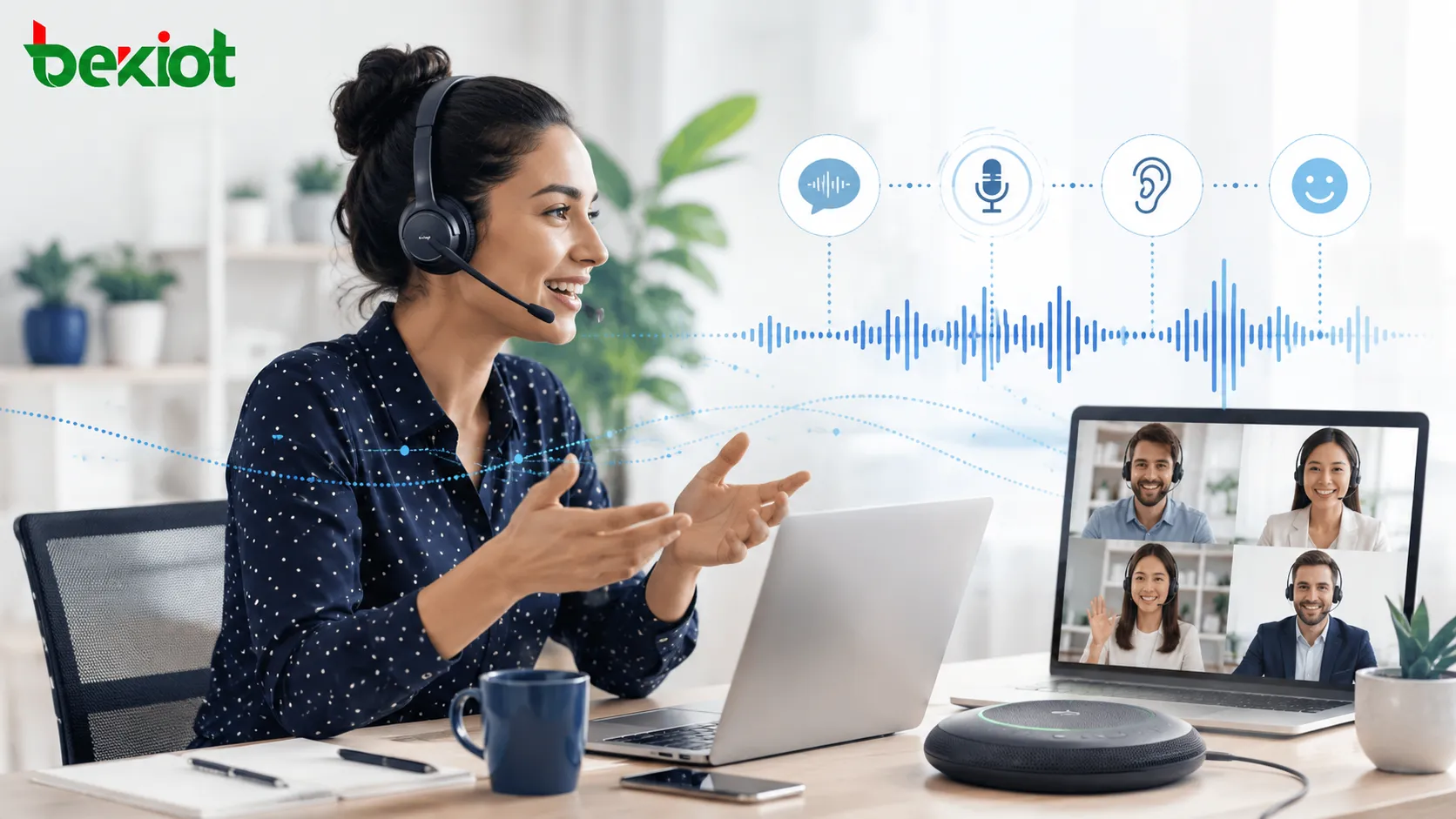 HD Voice 的音訊優勢示意圖，呈現更清晰的語音、自然的音質、減輕的聆聽疲勞及更好的企業溝通。