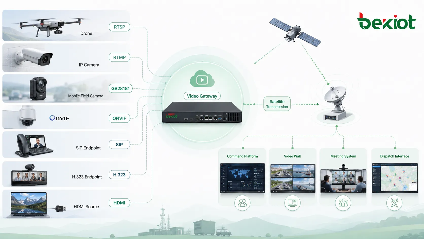 視訊閘道架構連接無人機RTSP RTMP GB28181 ONVIF SIP H323 HDMI視訊來源與衛星傳輸和指揮平台