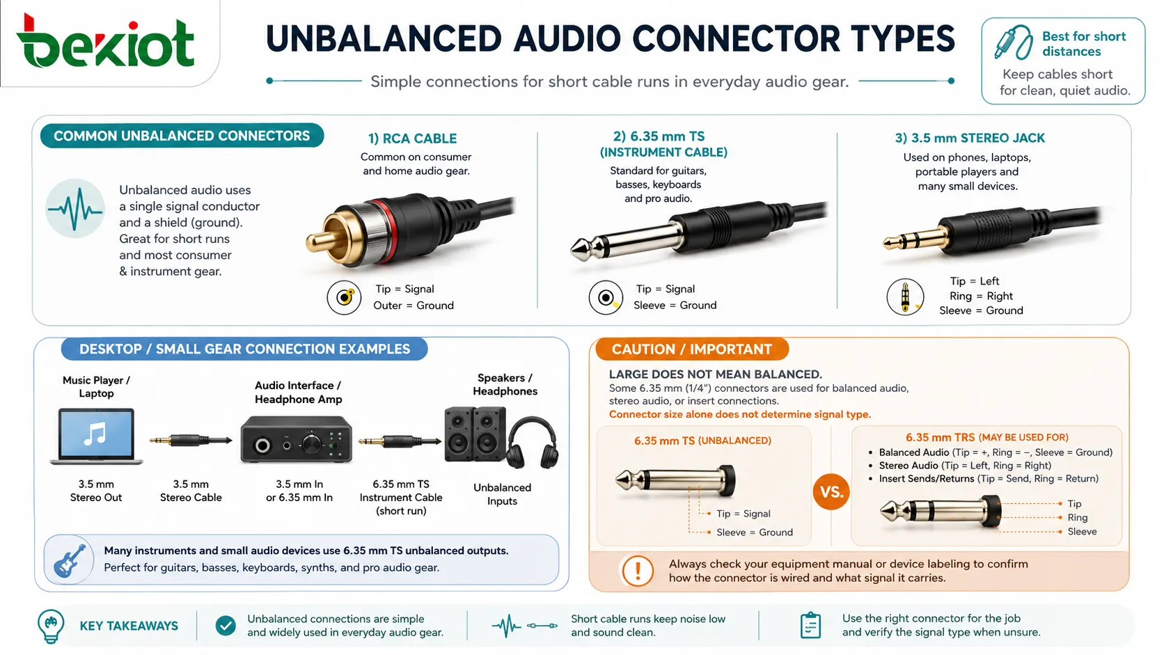 非平衡音訊連接器類型图，展示 RCA 線纜、TS 樂器线、3.5mm 立體聲插孔和短距離桌面音訊連接