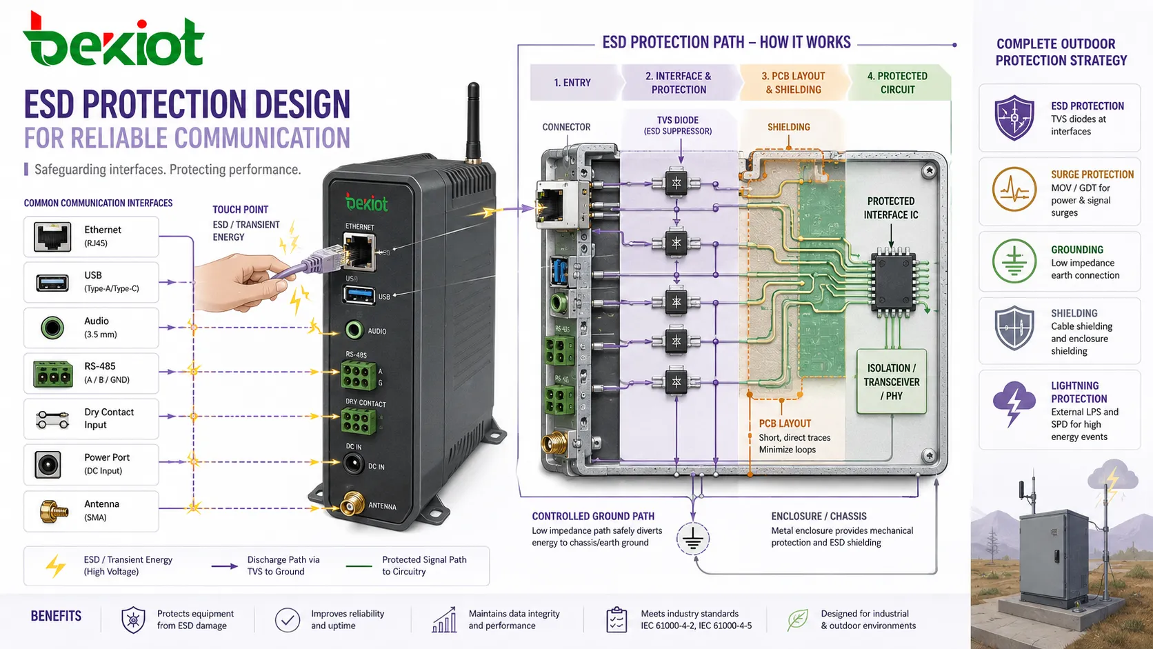 ESD 防護設計,顯示 TVS 二極體、連接器屏蔽、PCB 佈局、接地路徑、機殼觸碰點及受保護的通訊介面