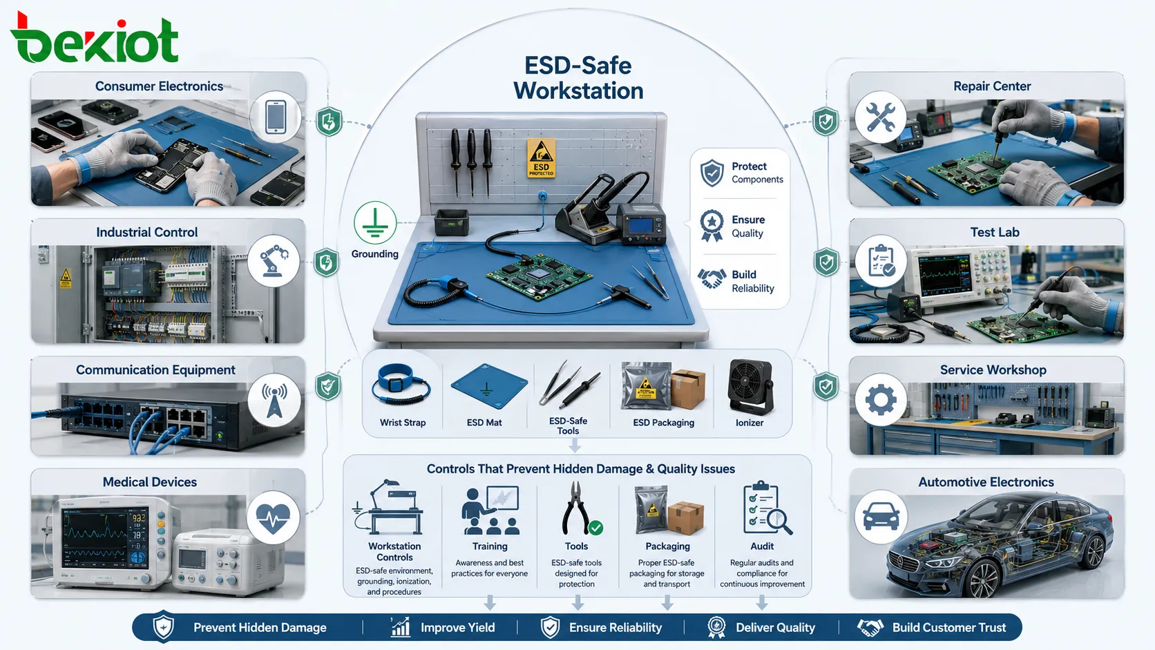 ESD 防護在消費性電子、工業控制、通訊設備、醫療裝置、汽車系統及製造工作站的應用