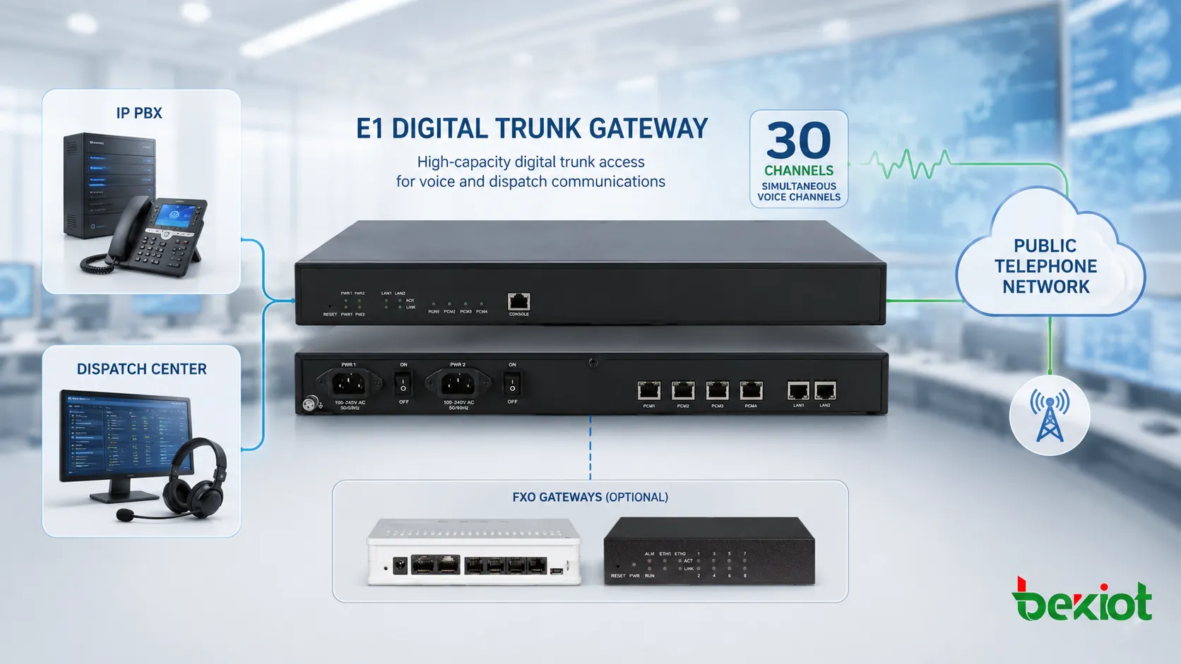 E1 數位中繼閘道連接 IP PBX、調度中心和公共電話網路，支援 30 路同時語音通道