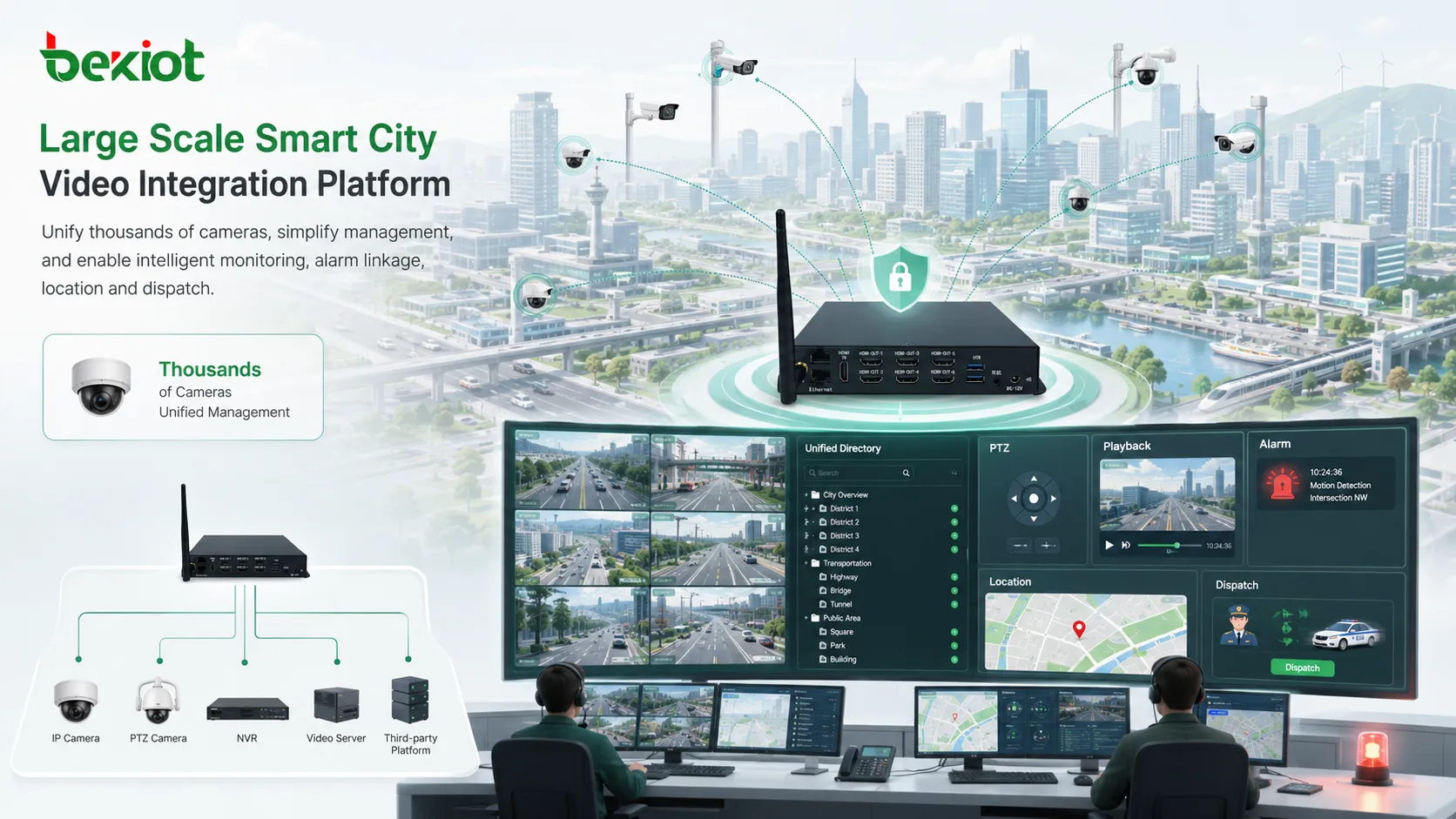 大規模智慧城市視訊集成包含數千路攝影機統一目錄PTZ回放告警位置和調度平台