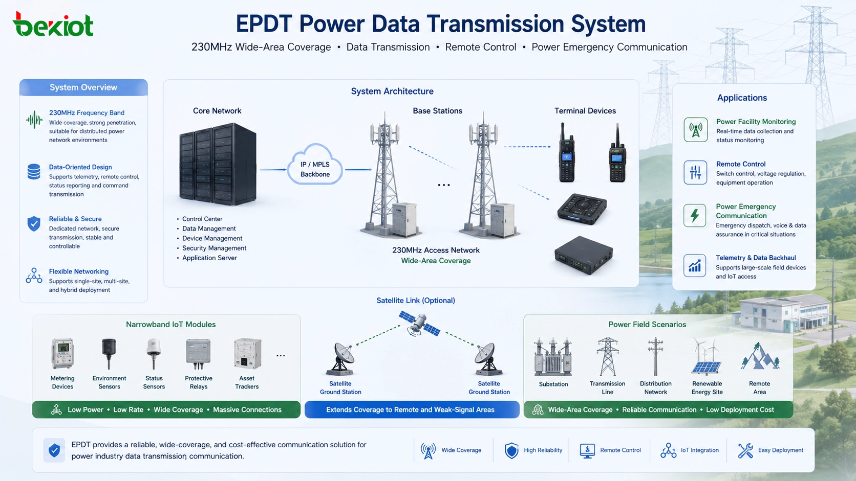 EPDT電力數據傳輸系統使用230MHz網絡核心基站終端衛星鏈路窄帶物聯網模塊遠程控制和電力應急通信
