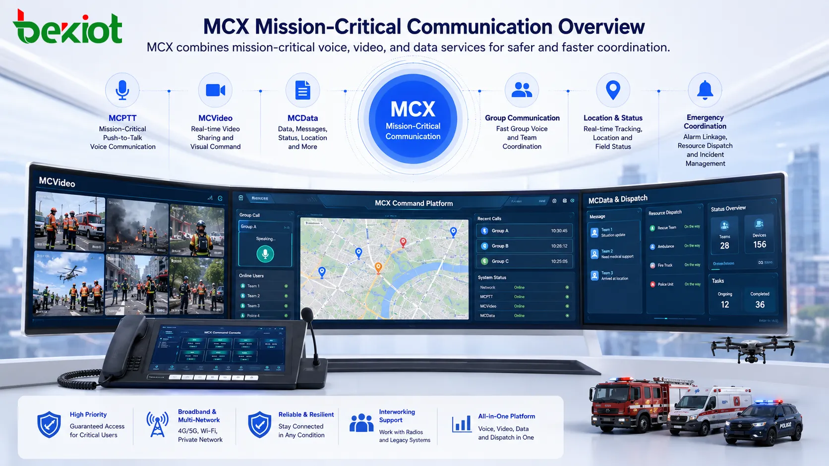 MCX 影像指揮平台整合現場影像、調度台、GIS 地圖和應急通信