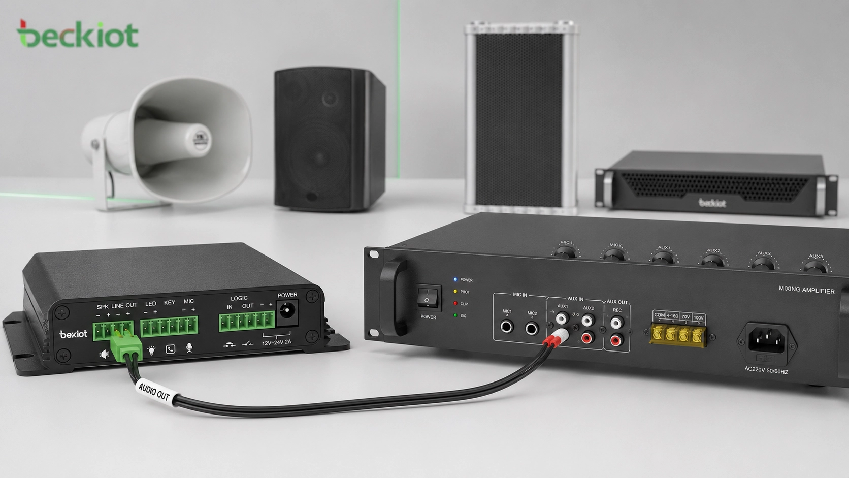 具備 RCA 輸入的傳統 PA 功放連接至 SIP 廣播閘道 Phoenix 端子音訊輸出