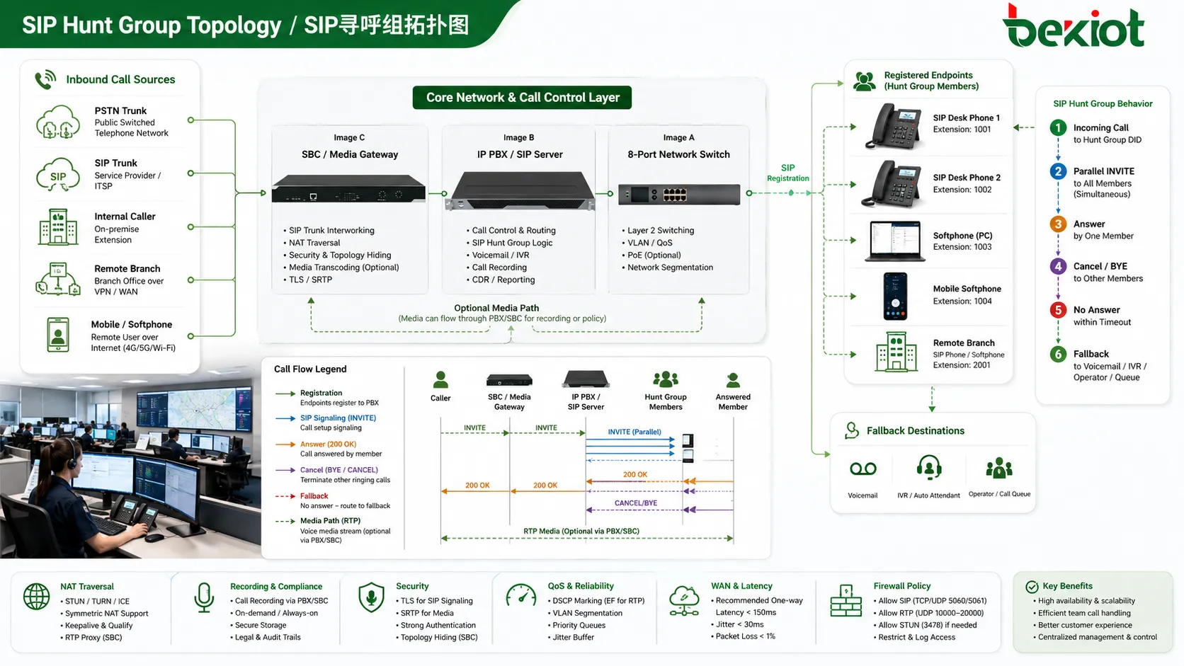 SIP 尋線組拓扑包含 IP PBX SIP 伺服器 SBC 遠端分支軟電話和桌面電話
