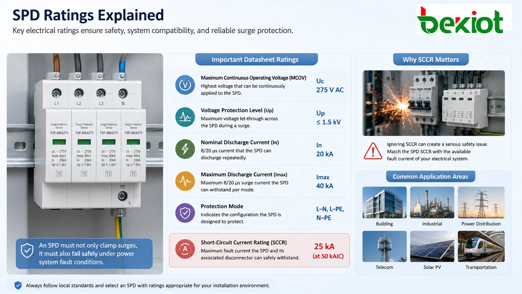 浪湧保護器參數包括MCOV電壓保護水平放電電流衝擊電流和短路電流額定值