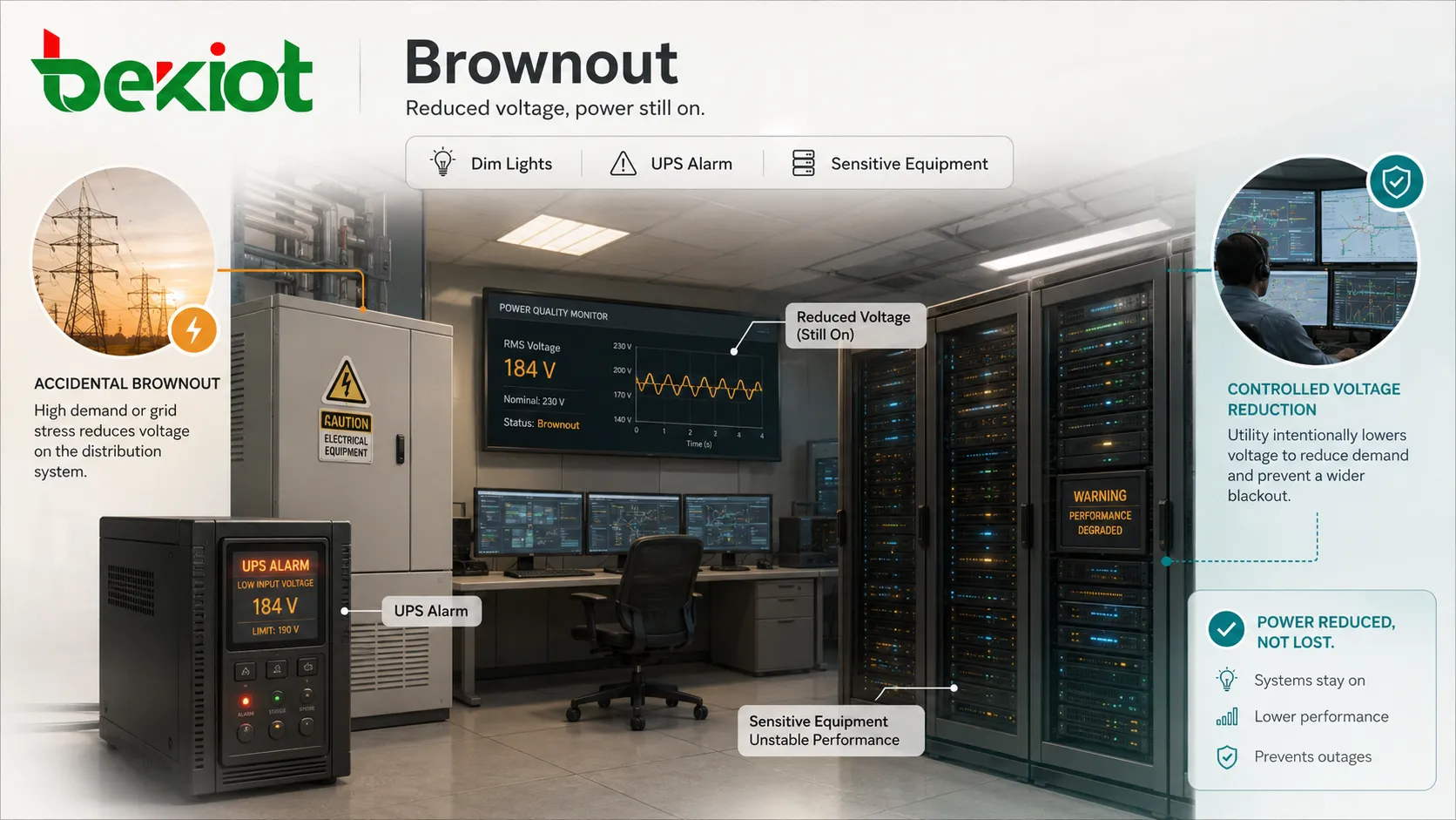 Brownout 電能品質事件展示降低的電壓波形 變暗燈光 UPS 警報和受影響的敏感設備