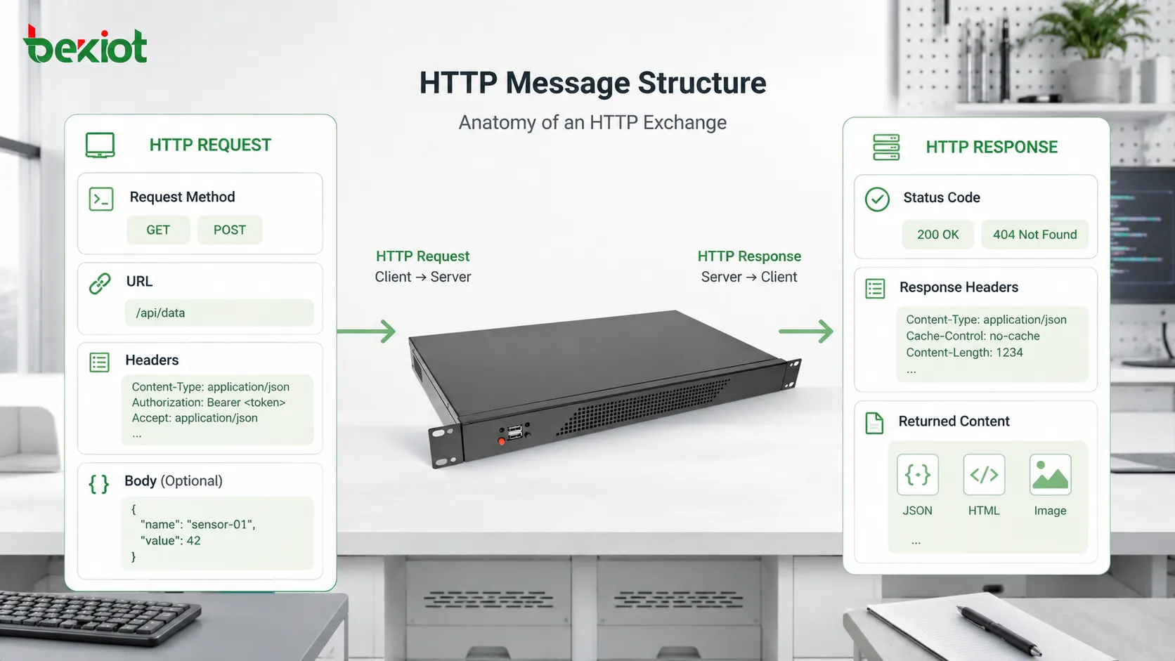HTTP 請求-回應流程，展示瀏覽器用戶端、DNS 查詢、Web 伺服器、請求方法、標頭、狀態碼和回應本文