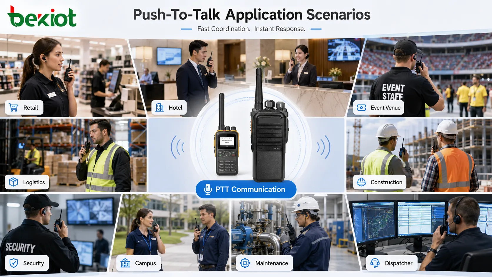 Push-To-Talk應用場景，顯示安防巡邏、工業維護、物流車隊、施工現場、園區設施團隊和調度員協同