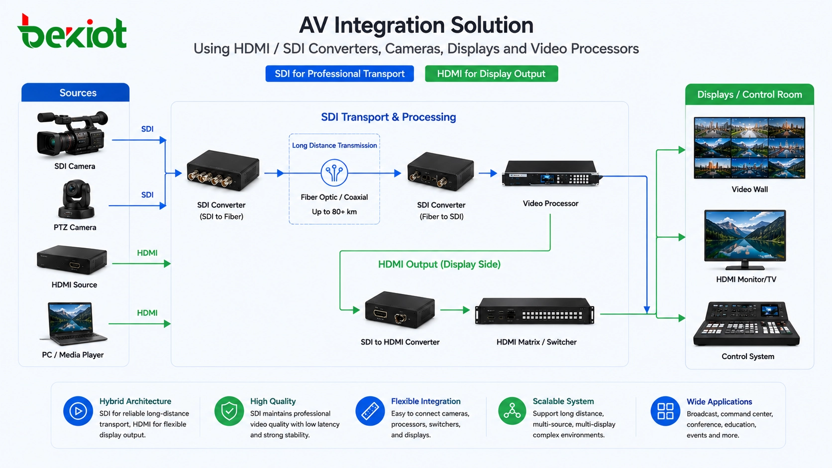 使用HDMI SDI轉換器、攝影機、顯示器和影像處理器的AV整合解決方案