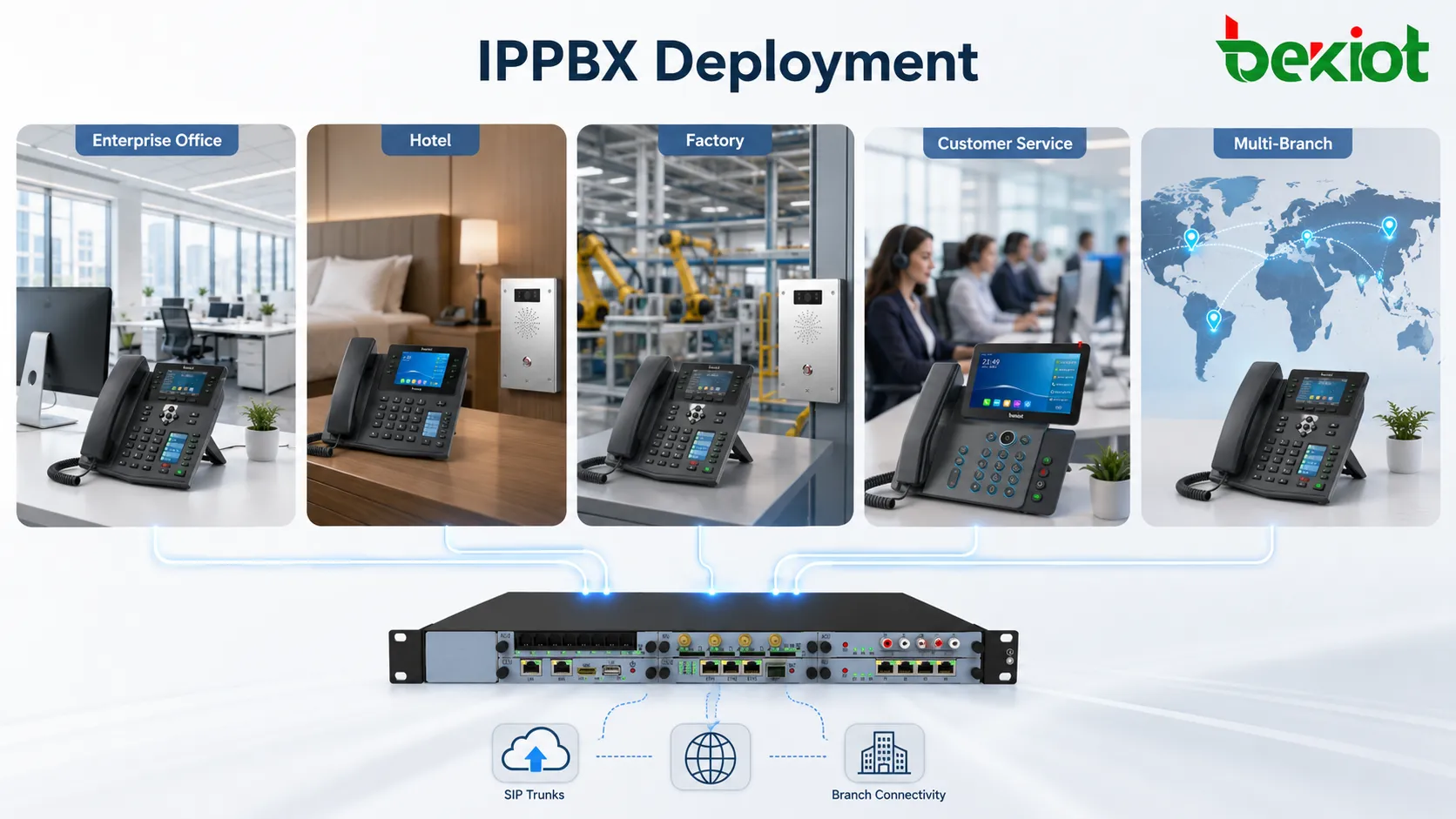 IPPBX部署於企業辦公室、飯店、工廠、客服中心及多分支機構
