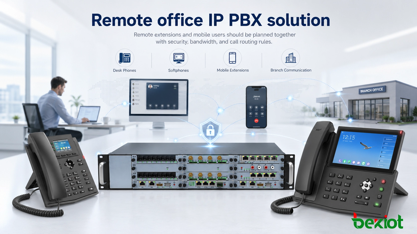 包含桌面電話、軟體電話、行動分機和分支通訊的遠端辦公室IP PBX解決方案