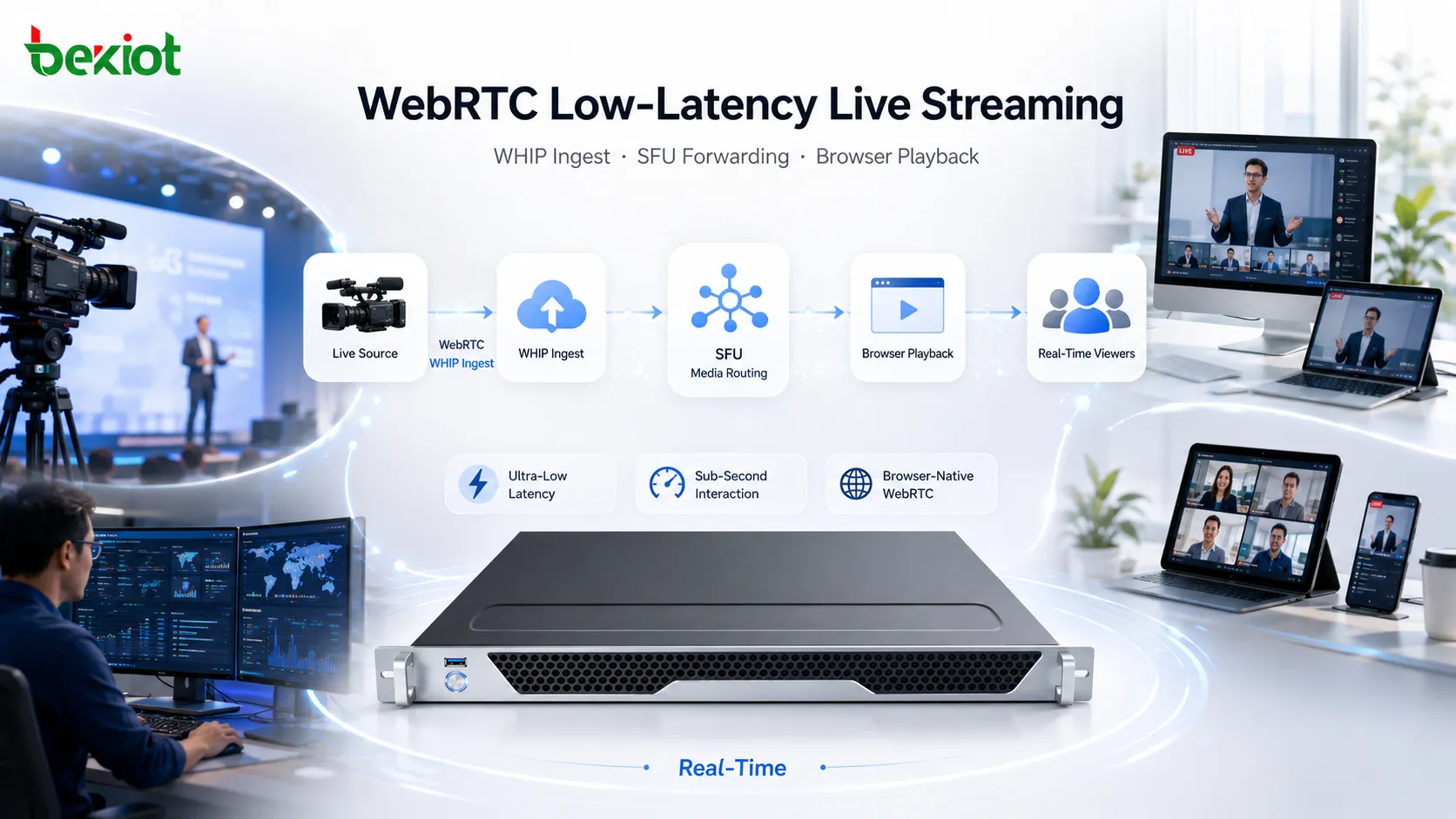 WebRTC低延遲直播架構，包含WHIP推流、SFU媒體路由和瀏覽器播放
