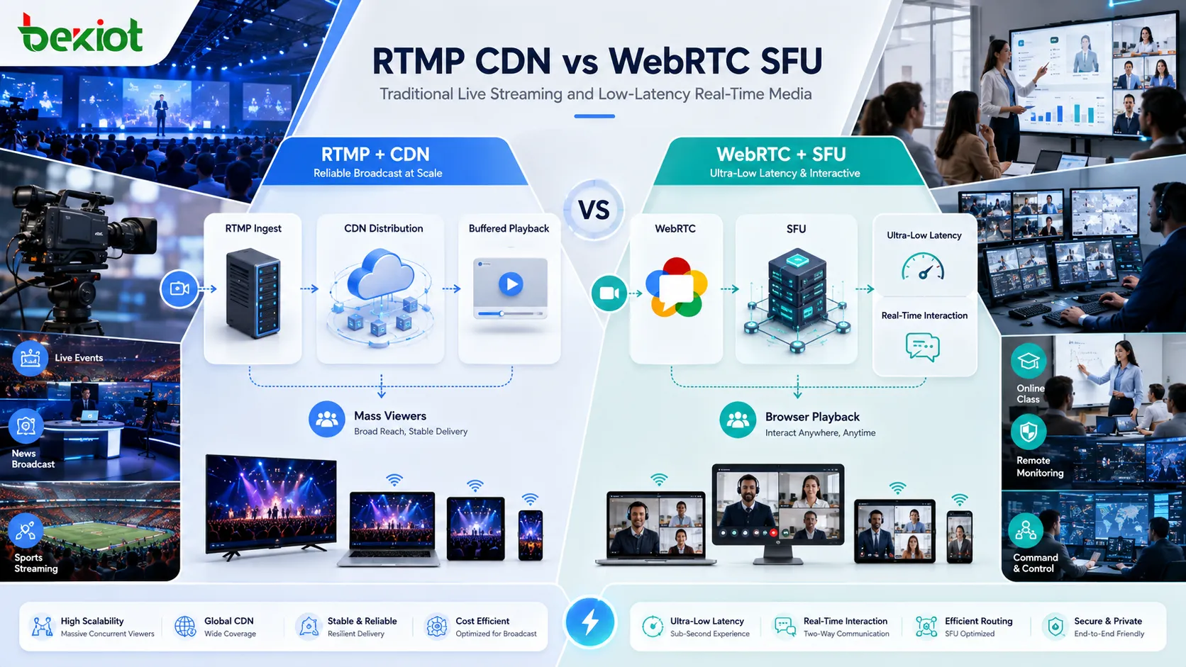 RTMP CDN直播架構與WebRTC SFU低延遲直播架構對比