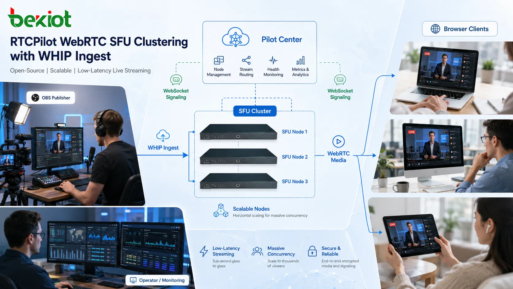 WebRTC WHIP推流與SFU叢集架構，包含Pilot Center、SFU節點、OBS發佈端和瀏覽器用戶端