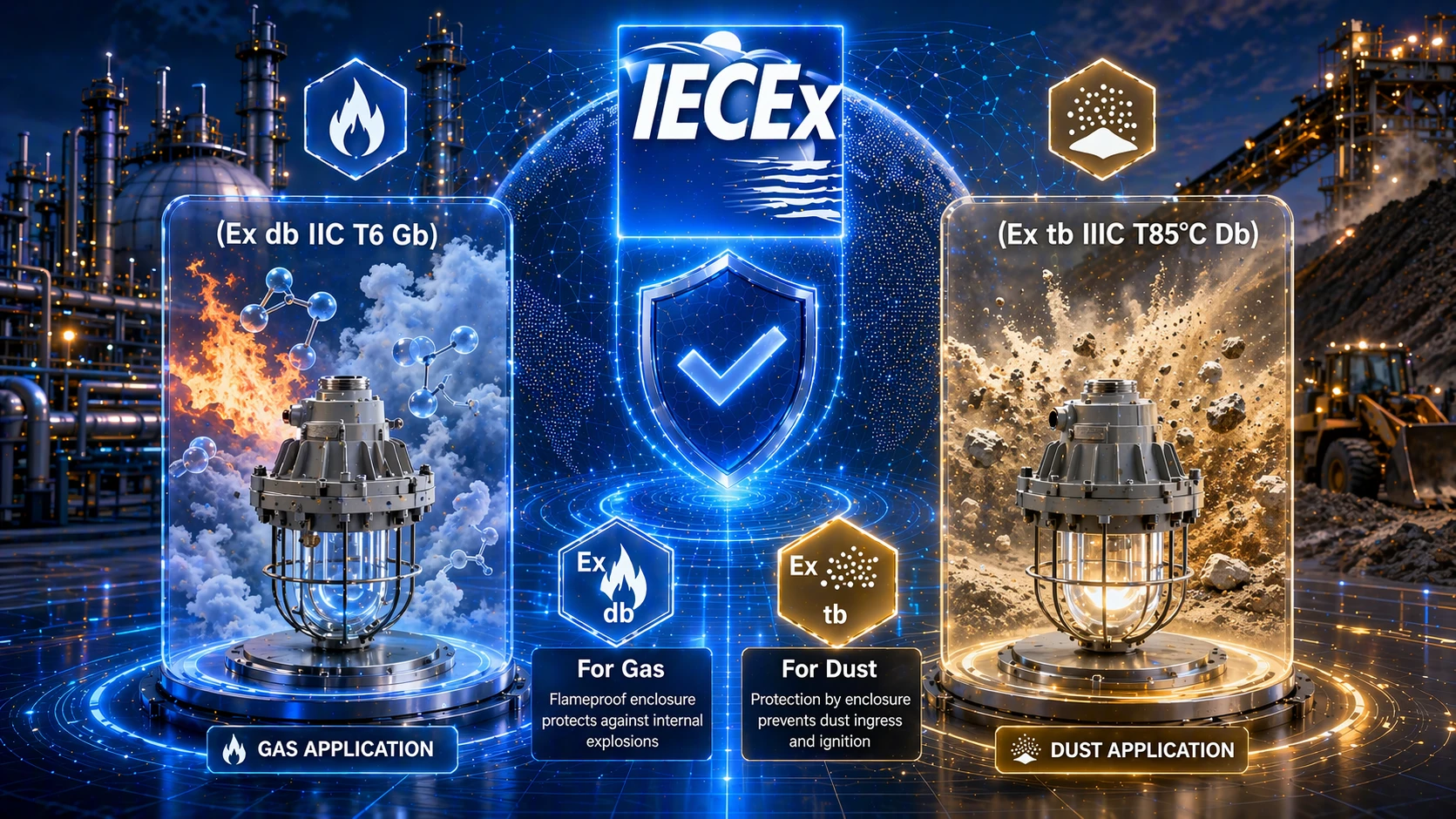 顯示 IECEx 標準架構的圖表,包含 IEC 60079-0、14、17、31 以及危險區域劃分