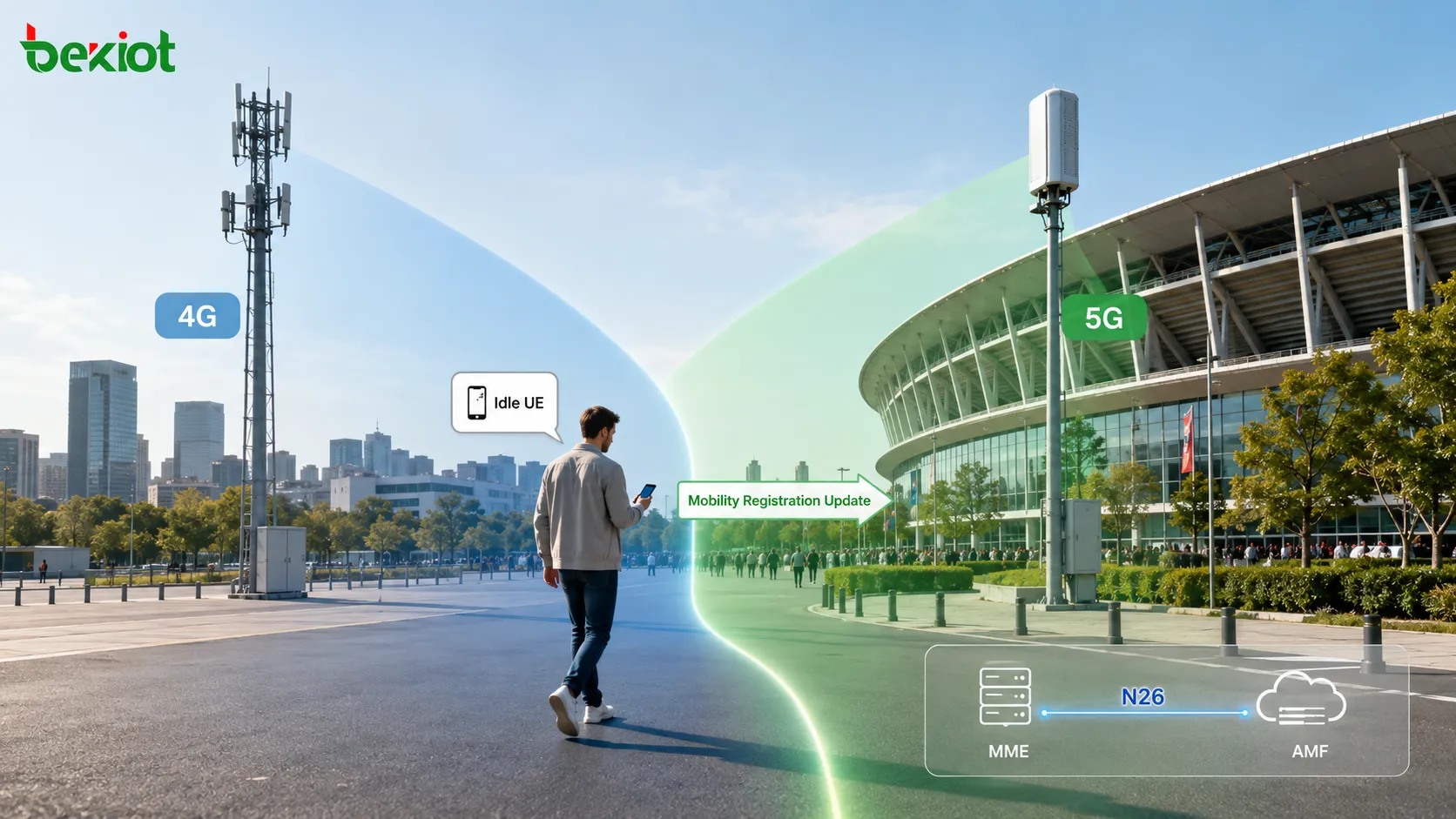 從 4G 到 5G 的閒置模式移動性，顯示 UE 從 LTE eNodeB 覆蓋移動到 5G gNodeB 覆蓋，包含 MME AMF N26 介面和行動註冊更新
