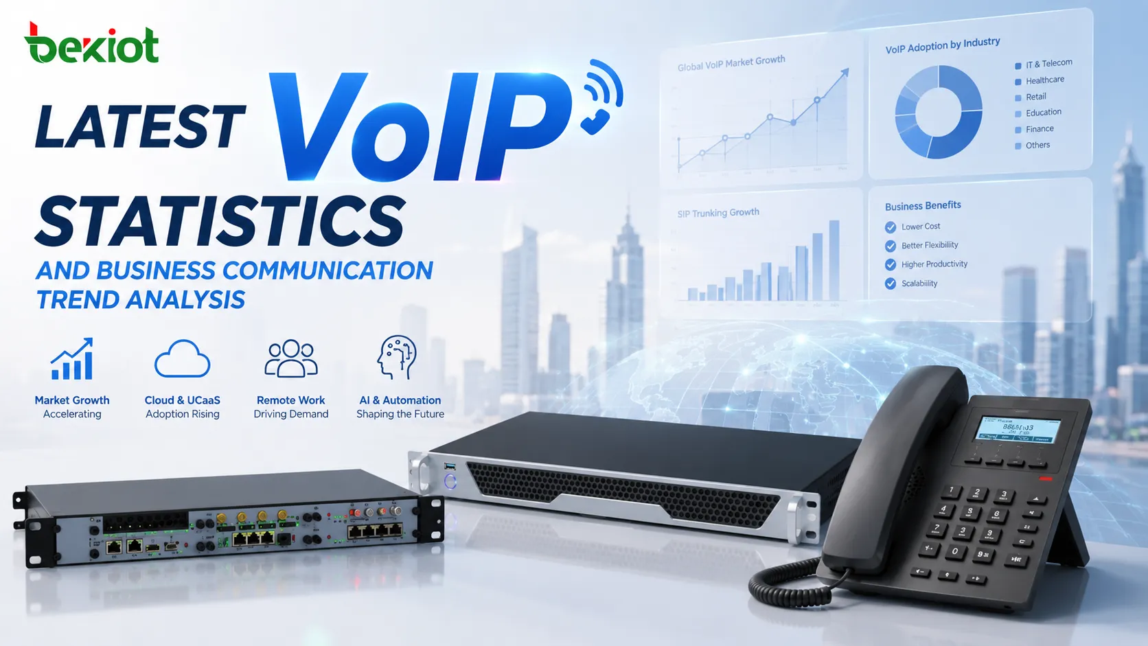 VoIP統計資料展示雲電話系統、SIP中繼、遠端辦公、統一通訊和AI語音平台推動企業通訊成長