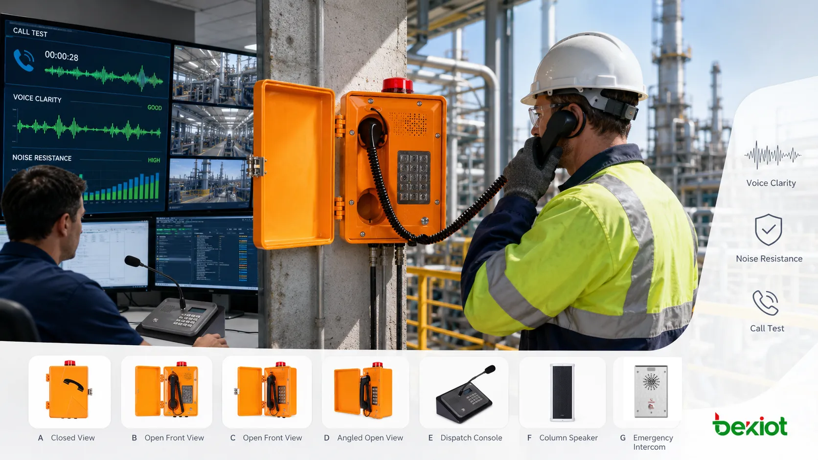 工廠內進行工業電話語音品質測試，包含壁掛式堅固電話、現場人員、控制室操作員、機械噪音及音訊檢查表