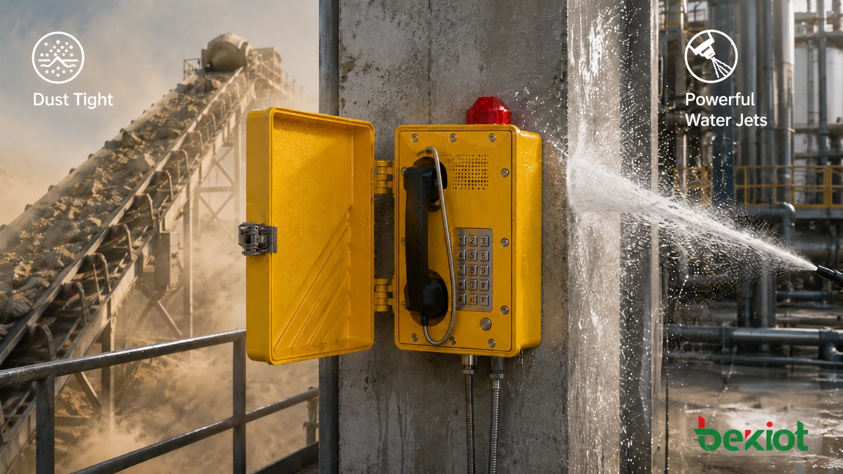 IP66 protection level for dusty and water-spray industrial environments showing explosion-proof telephone near mine conveyor chemical washdown area sealed enclosure and cable gland