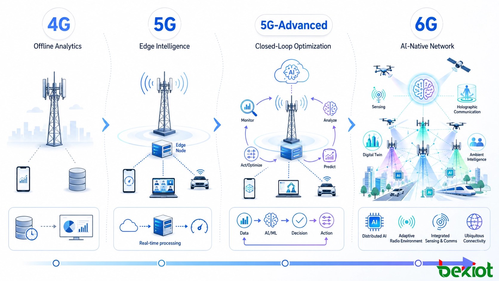 AI在行動網路中的演進：從4G離線分析到5G邊緣智慧、5G-Advanced封閉迴圈最佳化，再到未來AI原生6G