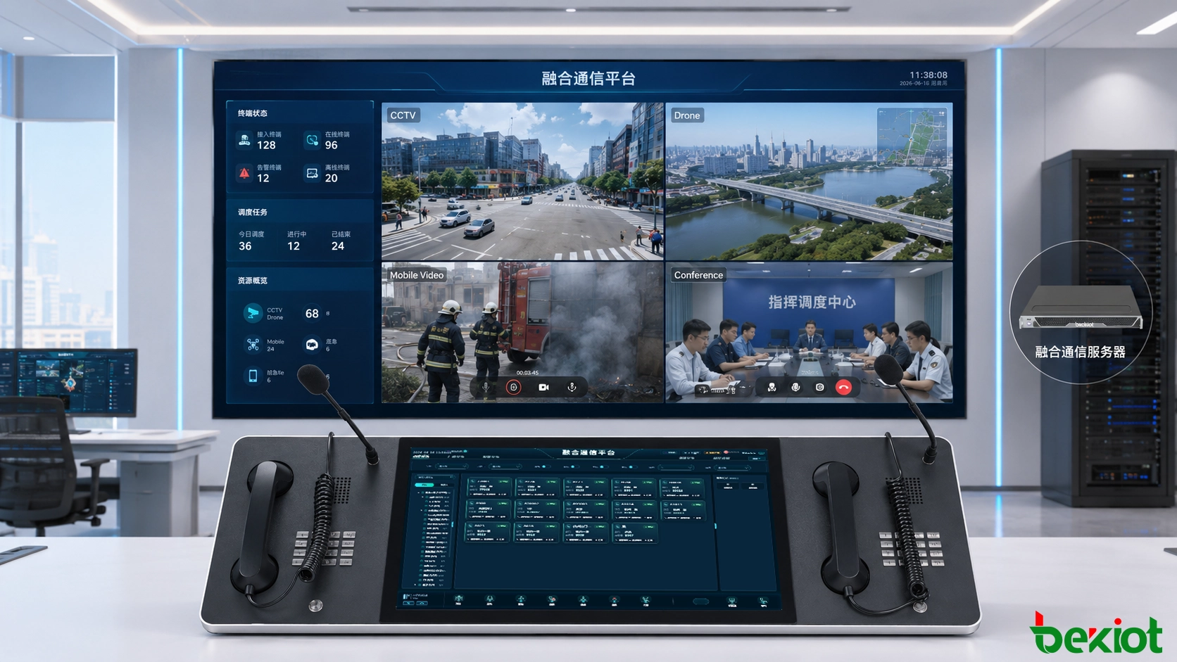 經過協定與媒體標準化後，統一指揮中心顯示CCTV、無人機、視訊會議及行動視訊串流