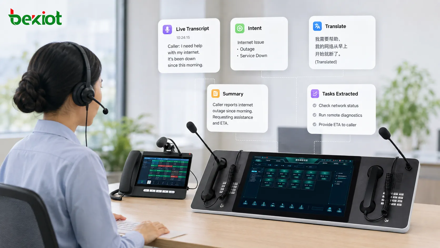 AI輔助的即時VoIP通話分析,展示語音轉錄、客戶意圖辨識、即時翻譯、歷史資料匹配和智慧座席輔助