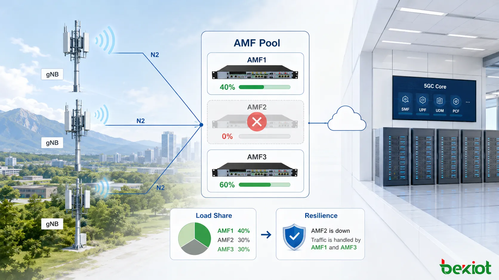 GUAMI層級結構示意，MCC、MNC、AMF Region ID、AMF Set ID與AMF Pointer共同識別5G核心網中的AMF實例