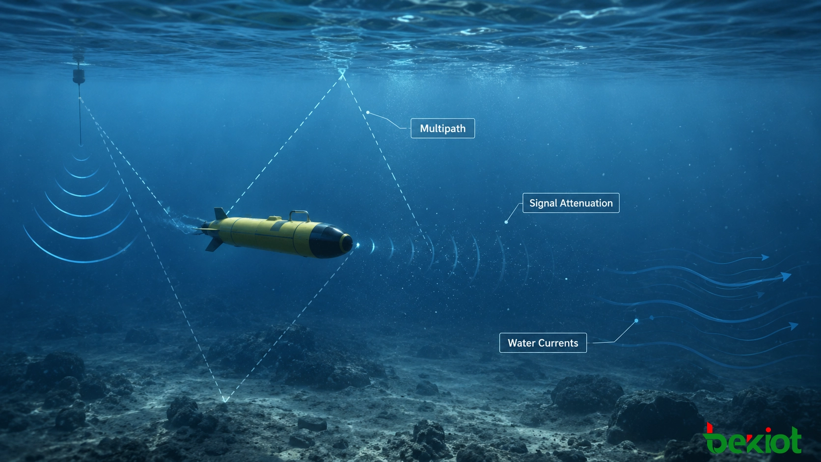 AUV水下通訊環境，顯示訊號衰減、多徑傳播、水流和通訊挑戰