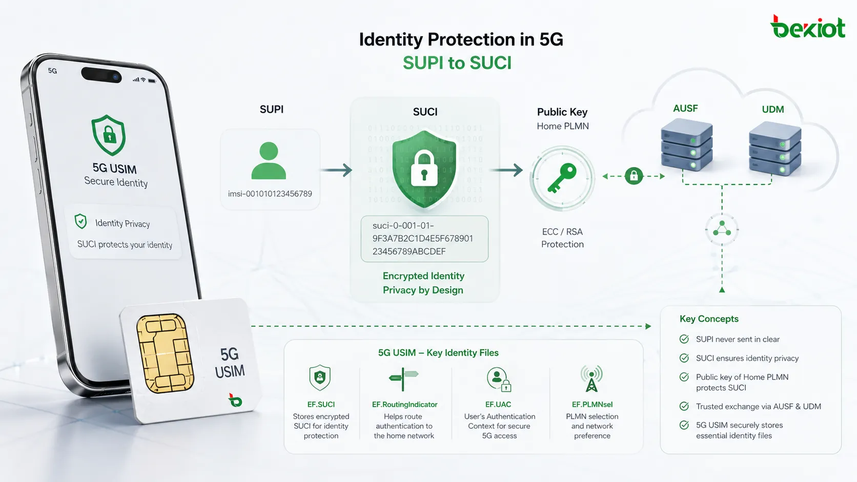 5G USIM 使用 SUCI 計算資料、路由指示器、UAC 及 PLMN 相關 EF 檔案進行身分隱私與存取管理