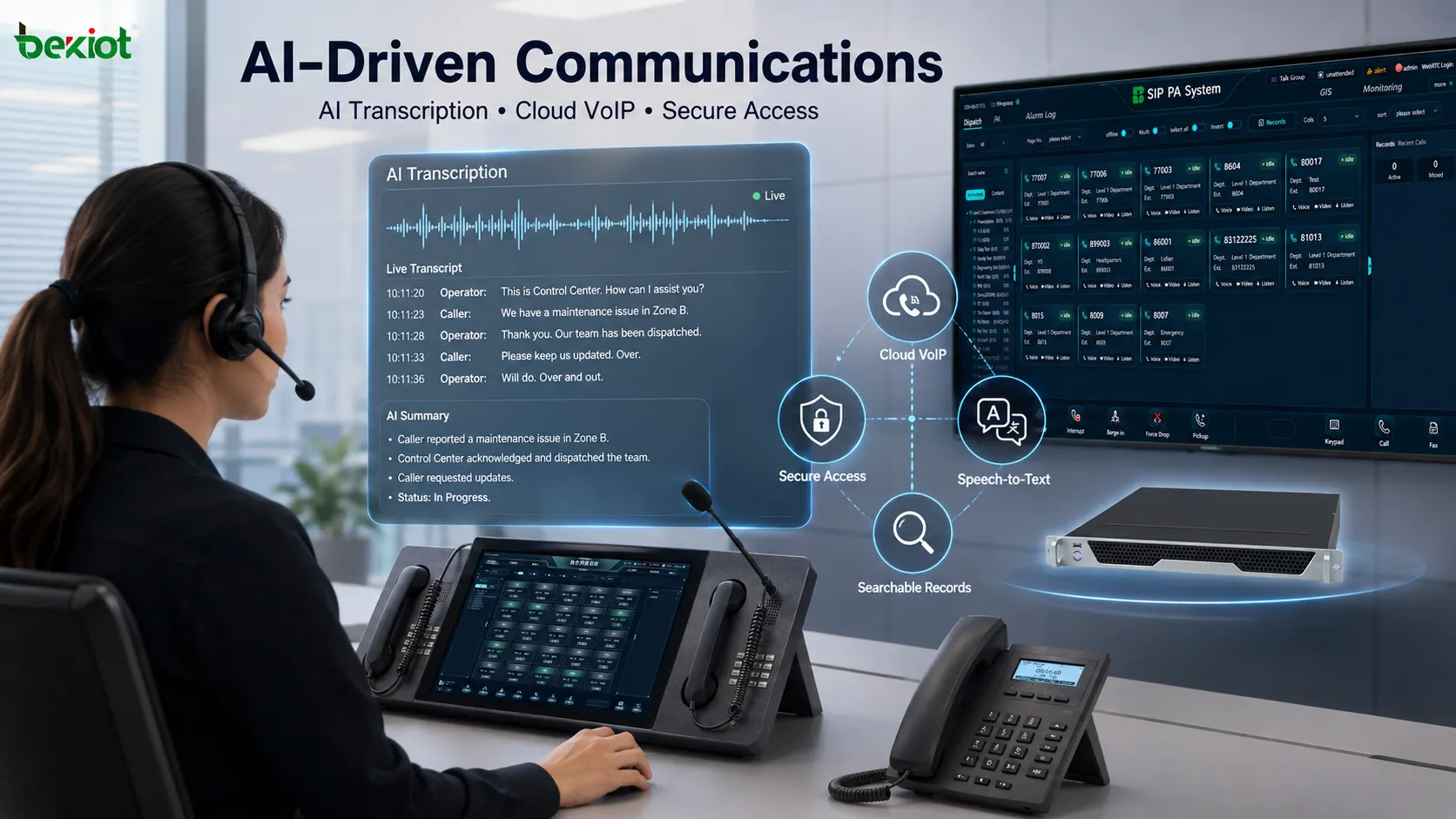 安全雲VoIP 平台通過SIP、VPN存取和AI 轉錄連接遠端使用者、多通道操作席位與企業通訊系統