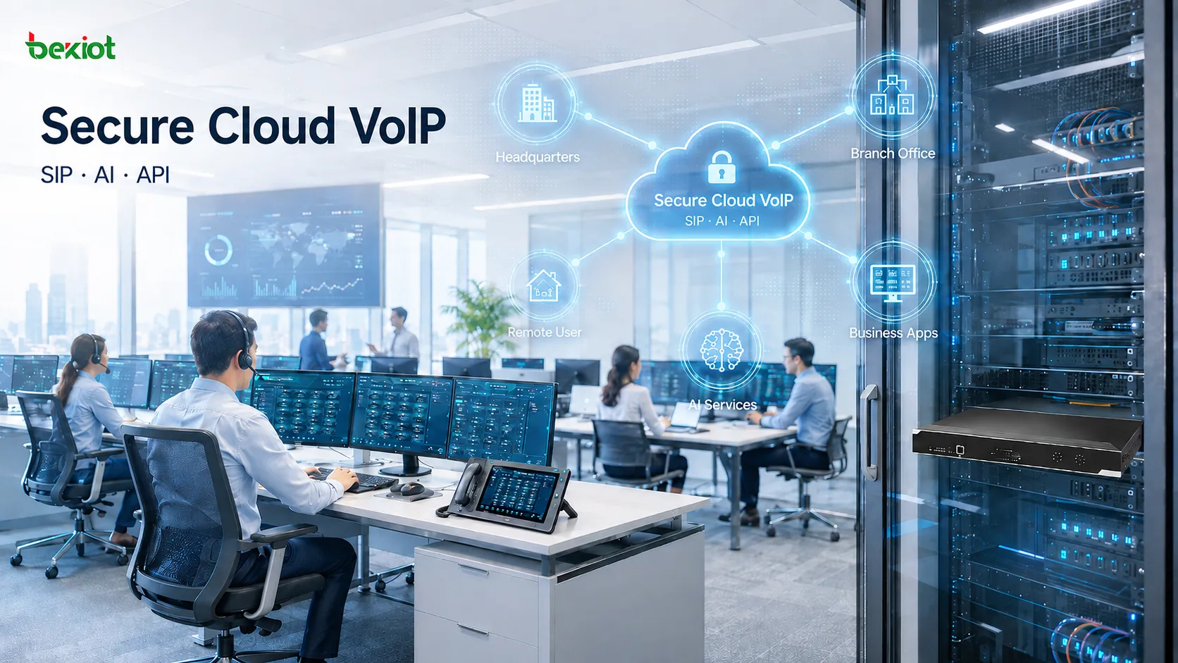 企業VoIP 協作架構將SIP多通道通訊、軟體話務台席位、AI 轉錄、業務應用和安全雲服務整合到同一工作流程