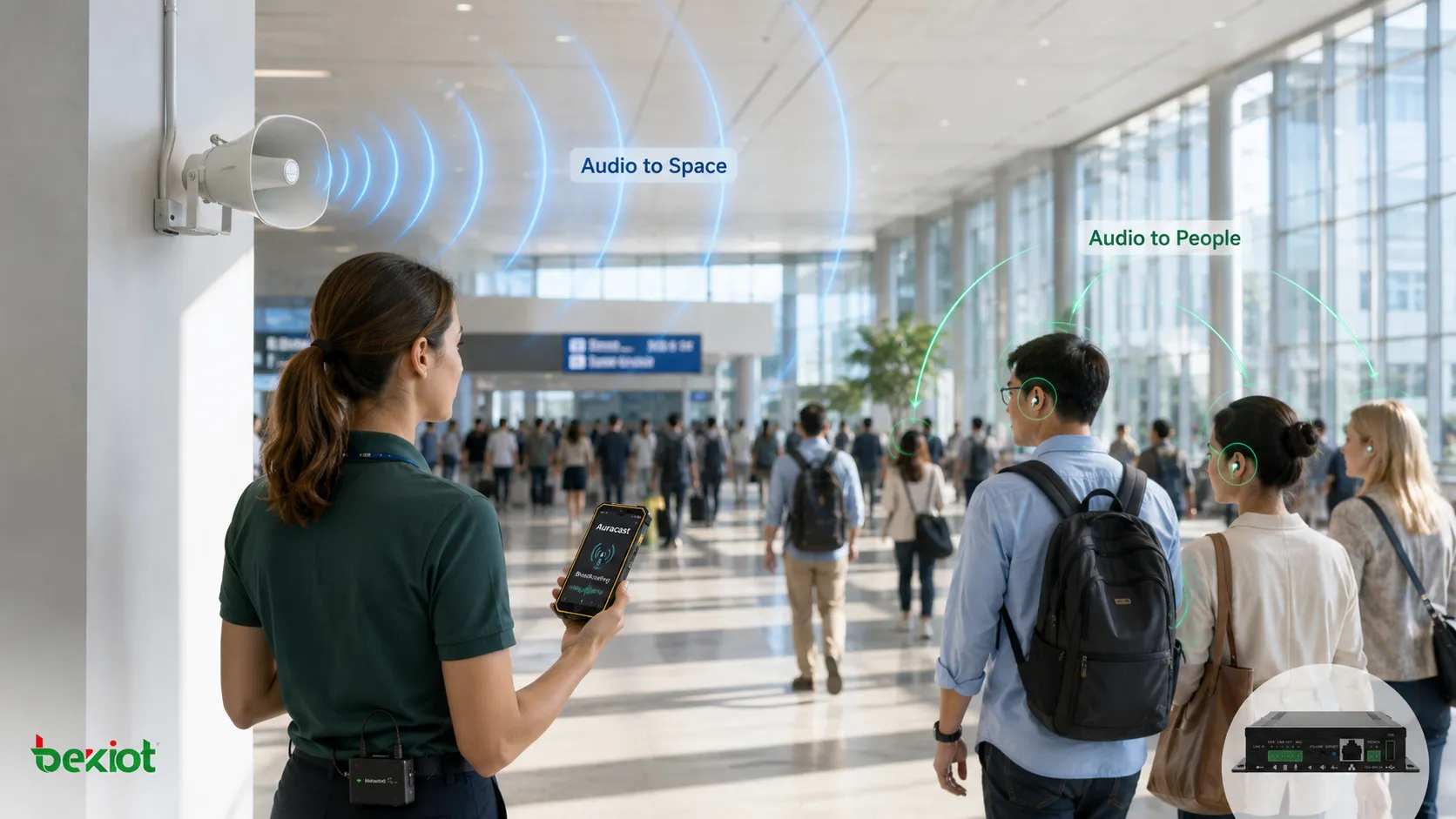 Auracast 將個人音訊廣播到獨立接收裝置，與傳統公共廣播系統透過揚聲器覆蓋實體空間的比較
