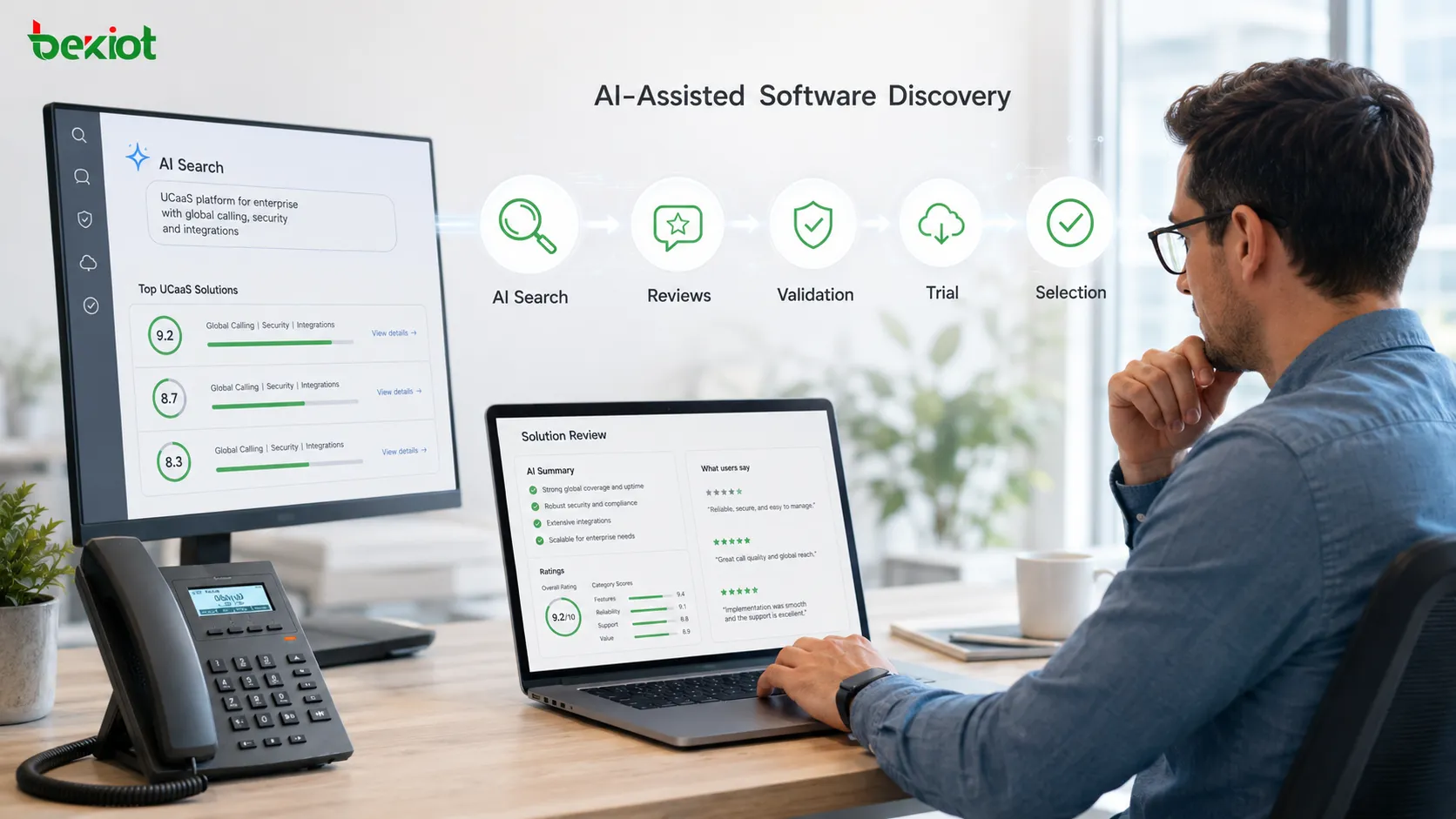 AI 輔助的 UCaaS 採購路徑,從軟體探索和第三方評論,到技術驗證、試用和最終廠商選擇