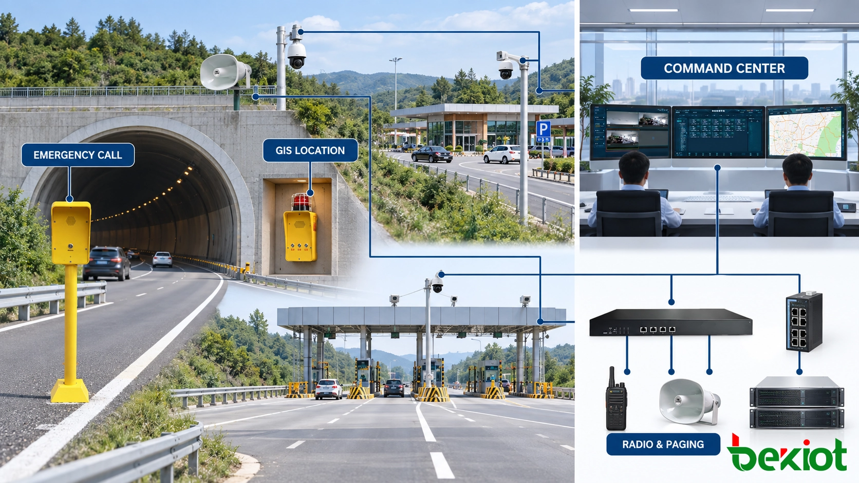 高速公路緊急指揮架構，連接路邊電話、隧道緊急點、無線調度、視訊監控、GIS和分區廣播