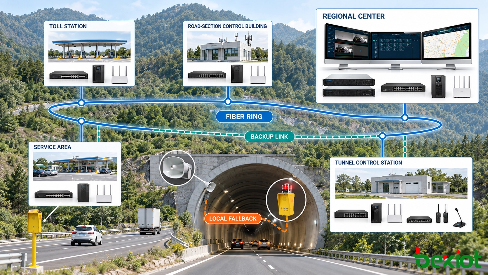 彈性高速公路通訊網路，連接遠端路段、隧道、收費站和區域指揮中心