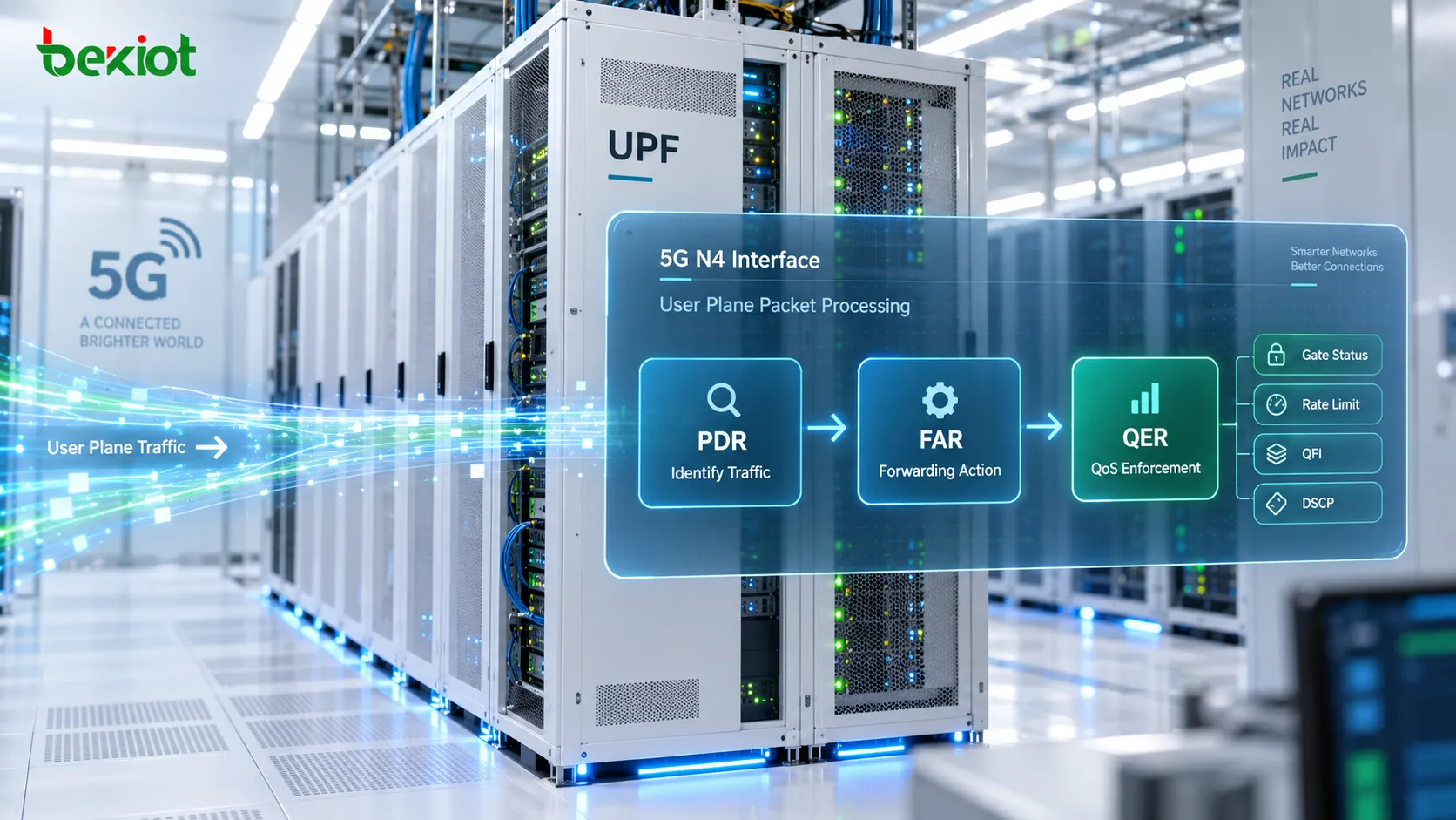 N4 介面封包處理流程：UPF 使用 PDR 識別流量、FAR 決定轉送動作，並由 QER 執行 Gate、速率限制和 QoS 策略