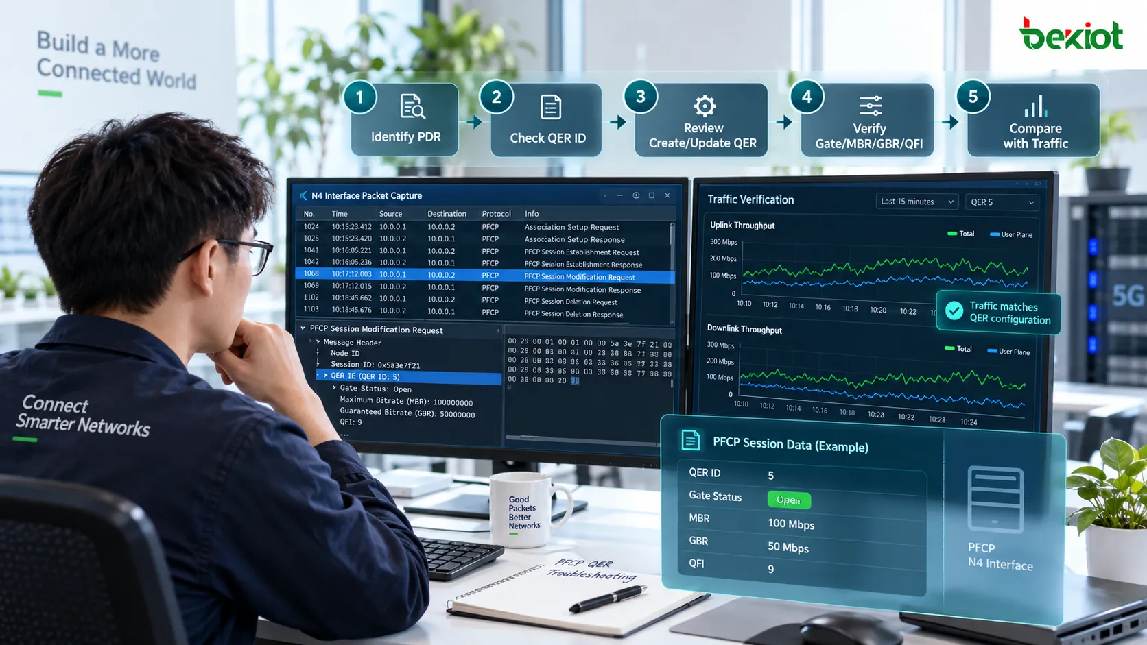 PFCP 故障排查流程：追蹤 PDR 引用的 QER ID，檢查 Create/Update QER、Gate Status、MBR、GBR 和 QFI，並與真實使用者平面流量比較