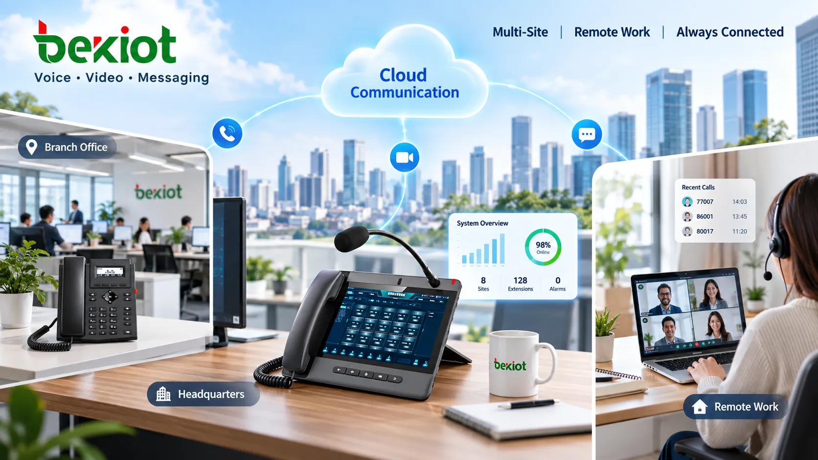 企業通訊從固定 PSTN 線路和辦公室桌上型電話移轉到 VoIP 平台,由平台統一管理企業號碼、SIP 電話、電腦和行動裝置