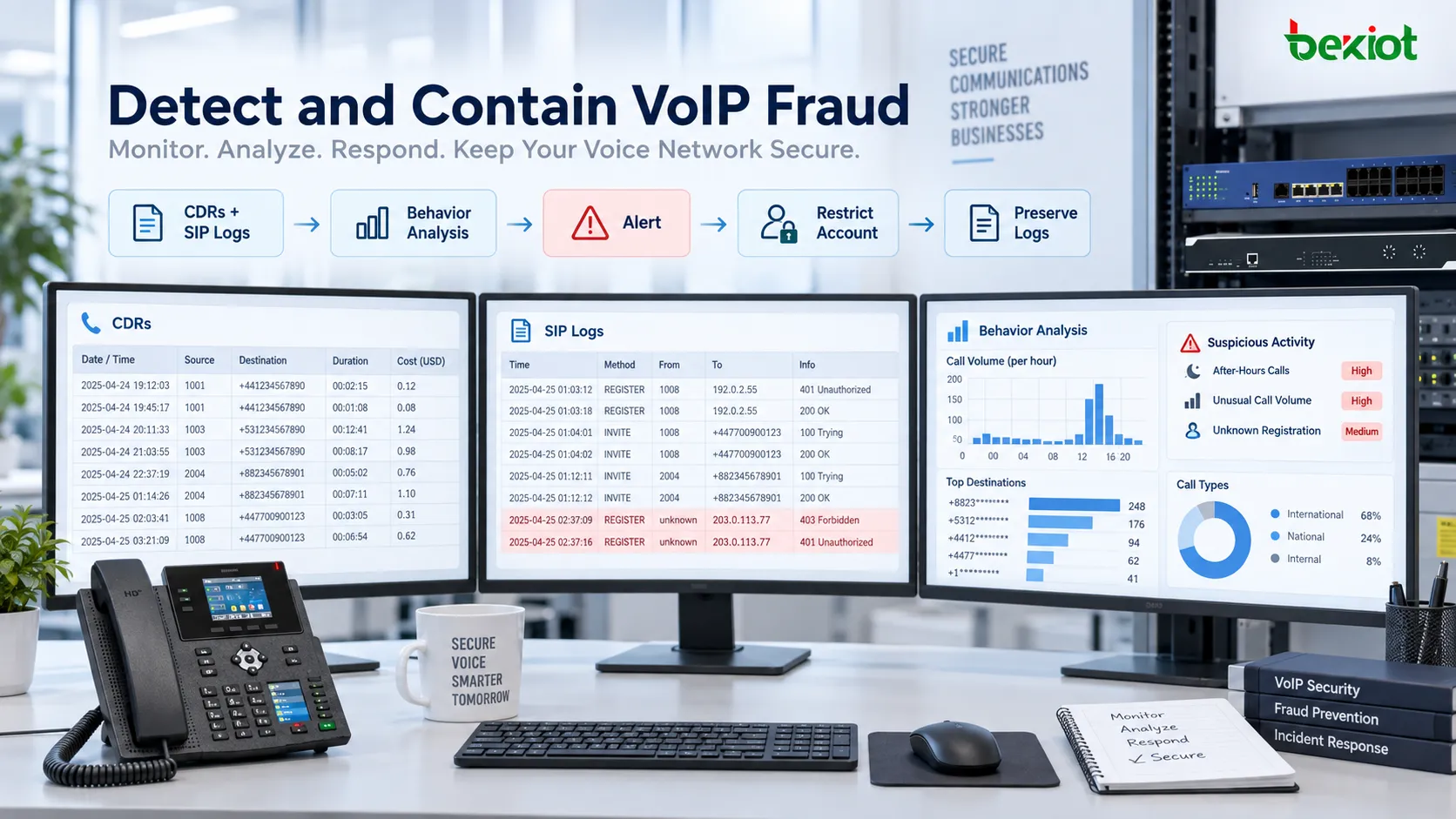 VoIP安全平台結合CDR、SIP日誌、行為分析與異常警示來偵測高風險通話，並透過帳號限制、鑑識日誌與回應程序控制事件影響